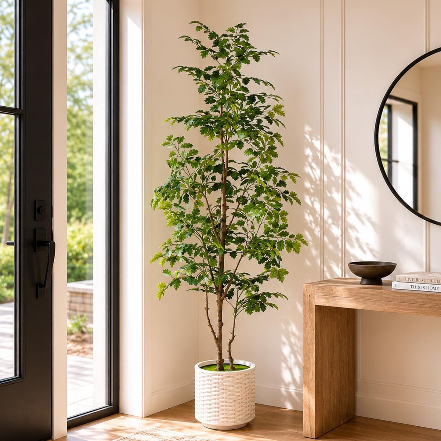 7FT Artificial Red Oak Tree in White Pot, Real Touch Large Fake Fall Autumn Oak Plant for Living Room Corner, Tall Potted Silk Tree for Home Office Daily Floor Decor