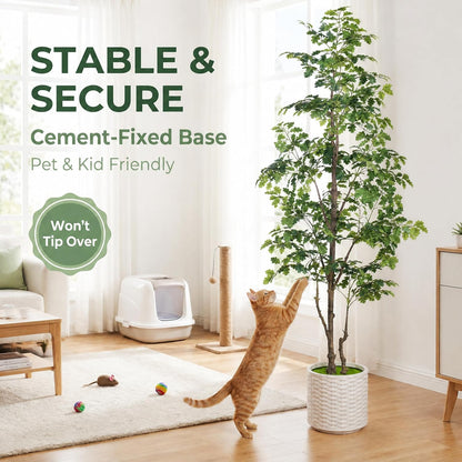 7FT Artificial Red Oak Tree in White Pot, Real Touch Large Fake Fall Autumn Oak Plant for Living Room Corner, Tall Potted Silk Tree for Home Office Daily Floor Decor