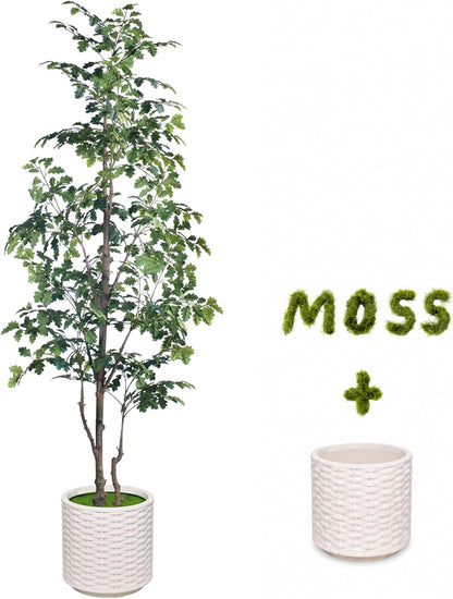 7FT Artificial Red Oak Tree in White Pot, Real Touch Large Fake Fall Autumn Oak Plant for Living Room Corner, Tall Potted Silk Tree for Home Office Daily Floor Decor