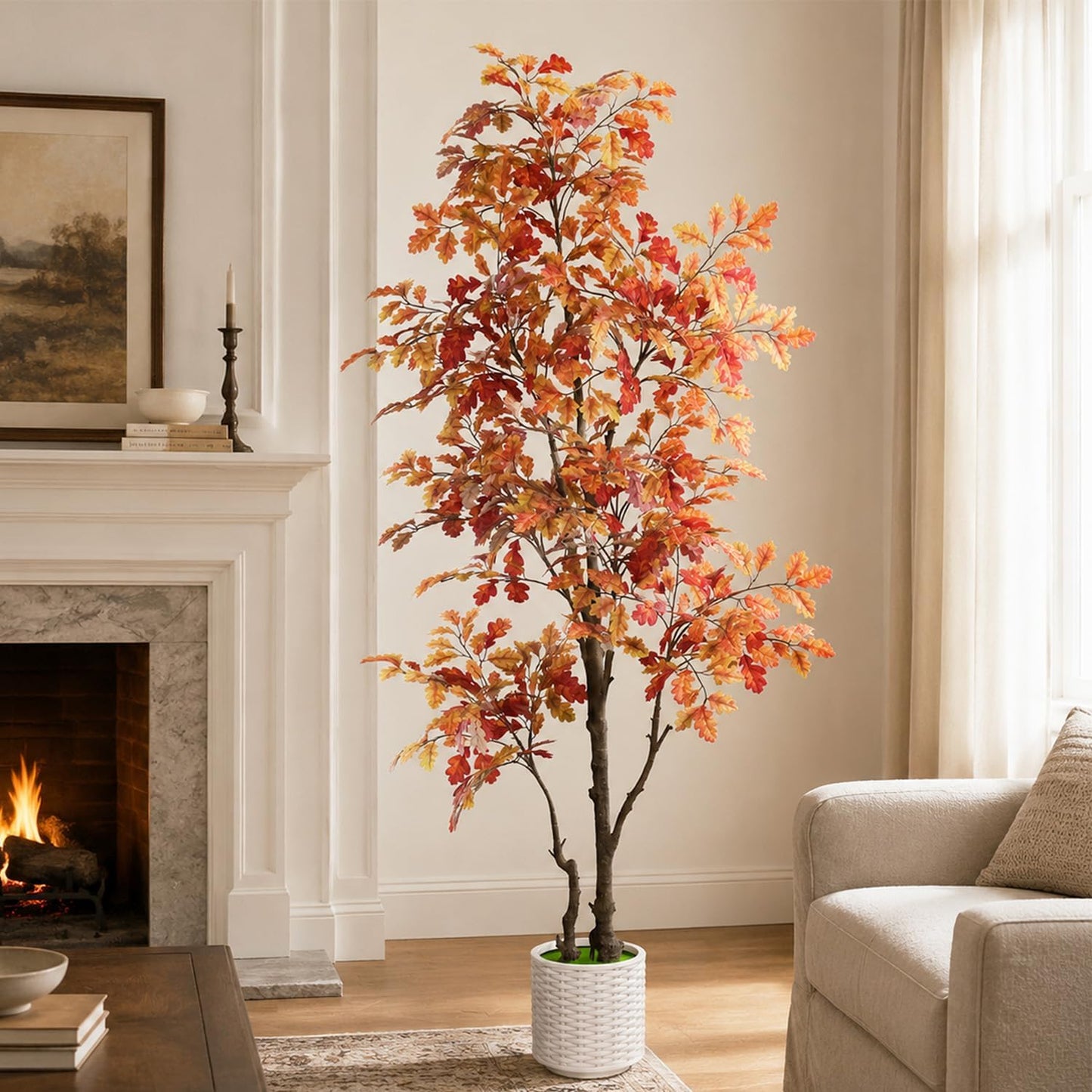 7FT Artificial Red Oak Tree in White Pot, Real Touch Large Fake Fall Autumn Oak Plant for Living Room Corner, Tall Potted Silk Tree for Home Office Daily Floor Decor