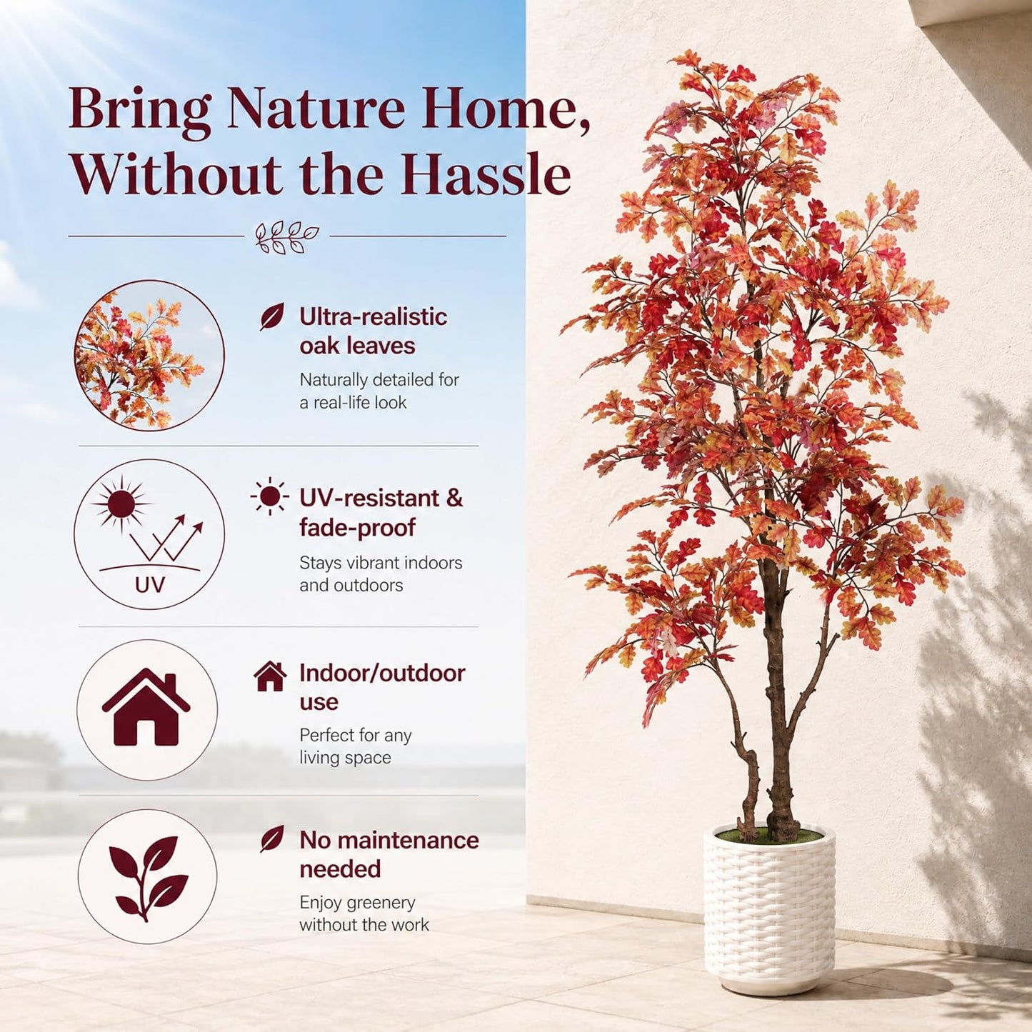 7FT Artificial Red Oak Tree in White Pot, Real Touch Large Fake Fall Autumn Oak Plant for Living Room Corner, Tall Potted Silk Tree for Home Office Daily Floor Decor