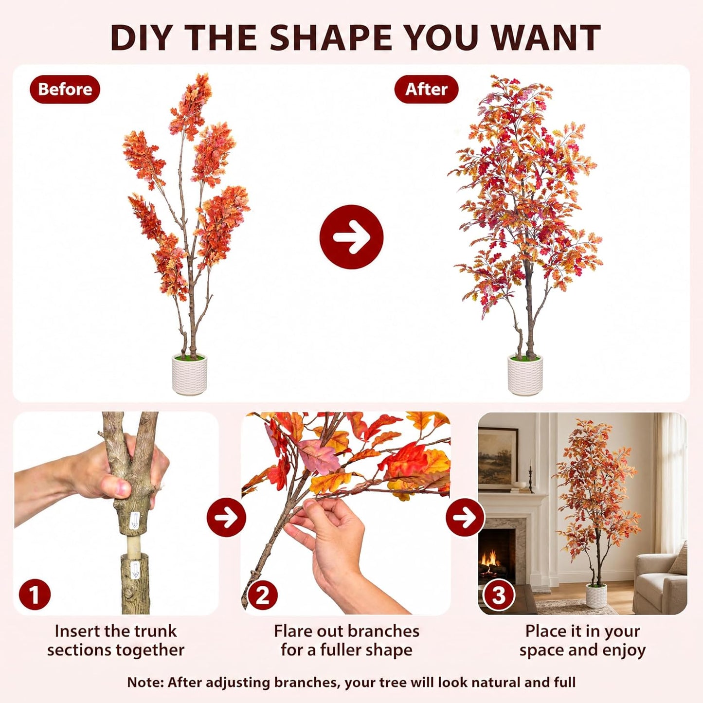 7FT Artificial Red Oak Tree in White Pot, Real Touch Large Fake Fall Autumn Oak Plant for Living Room Corner, Tall Potted Silk Tree for Home Office Daily Floor Decor