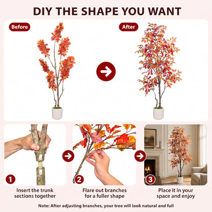 7FT Artificial Red Oak Tree in White Pot, Real Touch Large Fake Fall Autumn Oak Plant for Living Room Corner, Tall Potted Silk Tree for Home Office Daily Floor Decor