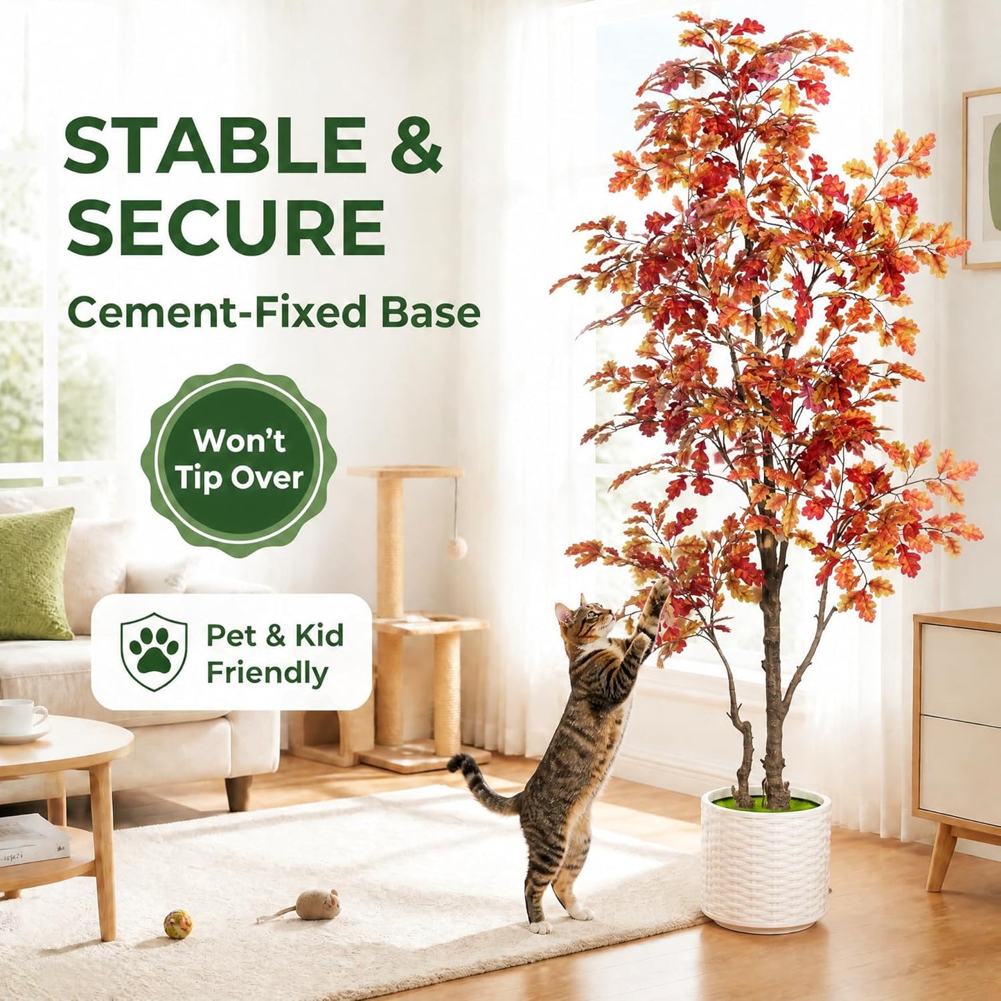 7FT Artificial Red Oak Tree in White Pot, Real Touch Large Fake Fall Autumn Oak Plant for Living Room Corner, Tall Potted Silk Tree for Home Office Daily Floor Decor