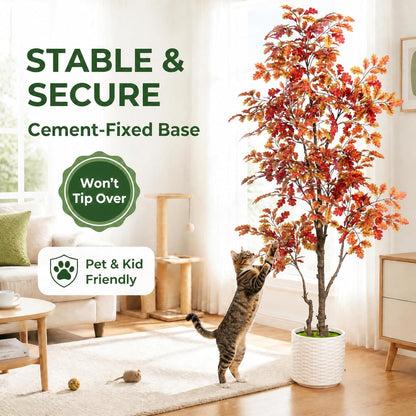 7FT Artificial Red Oak Tree in White Pot, Real Touch Large Fake Fall Autumn Oak Plant for Living Room Corner, Tall Potted Silk Tree for Home Office Daily Floor Decor