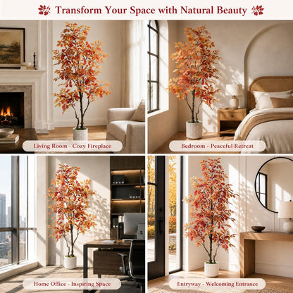 7FT Artificial Red Oak Tree in White Pot, Real Touch Large Fake Fall Autumn Oak Plant for Living Room Corner, Tall Potted Silk Tree for Home Office Daily Floor Decor