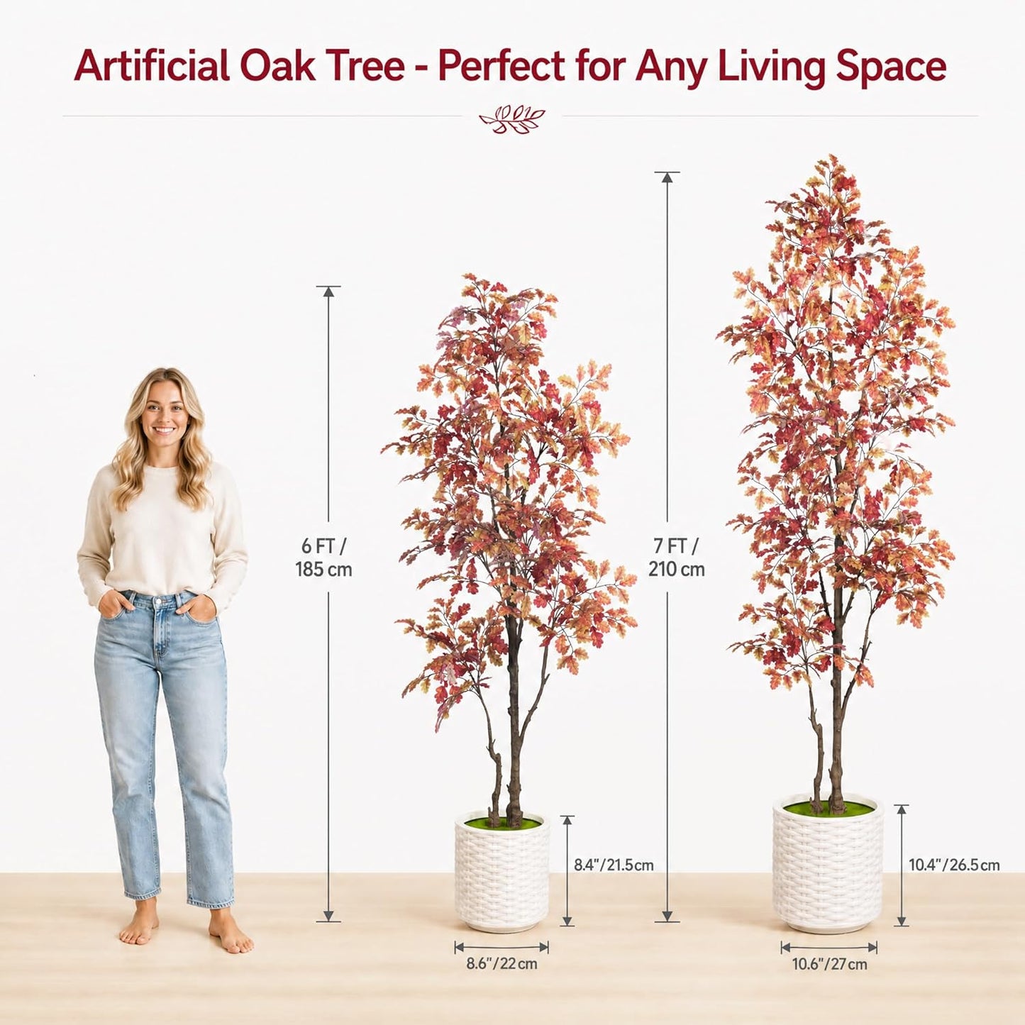 7FT Artificial Red Oak Tree in White Pot, Real Touch Large Fake Fall Autumn Oak Plant for Living Room Corner, Tall Potted Silk Tree for Home Office Daily Floor Decor