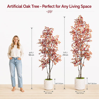 7FT Artificial Red Oak Tree in White Pot, Real Touch Large Fake Fall Autumn Oak Plant for Living Room Corner, Tall Potted Silk Tree for Home Office Daily Floor Decor