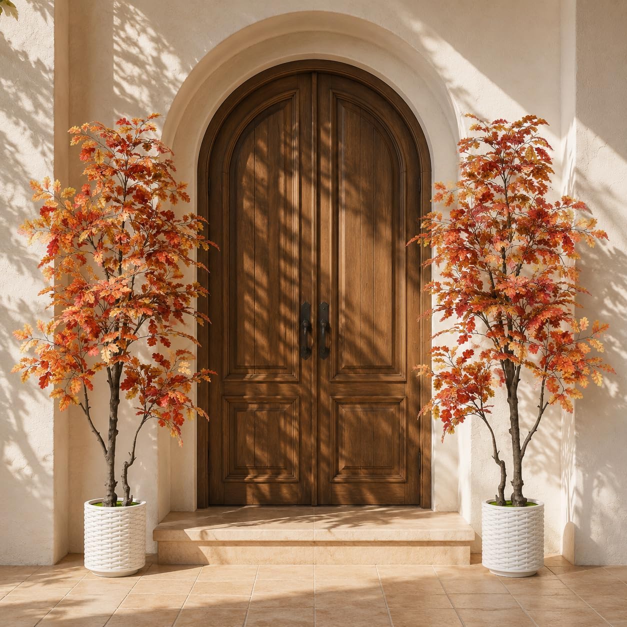 7FT Artificial Red Oak Tree in White Pot, Real Touch Large Fake Fall Autumn Oak Plant for Living Room Corner, Tall Potted Silk Tree for Home Office Daily Floor Decor