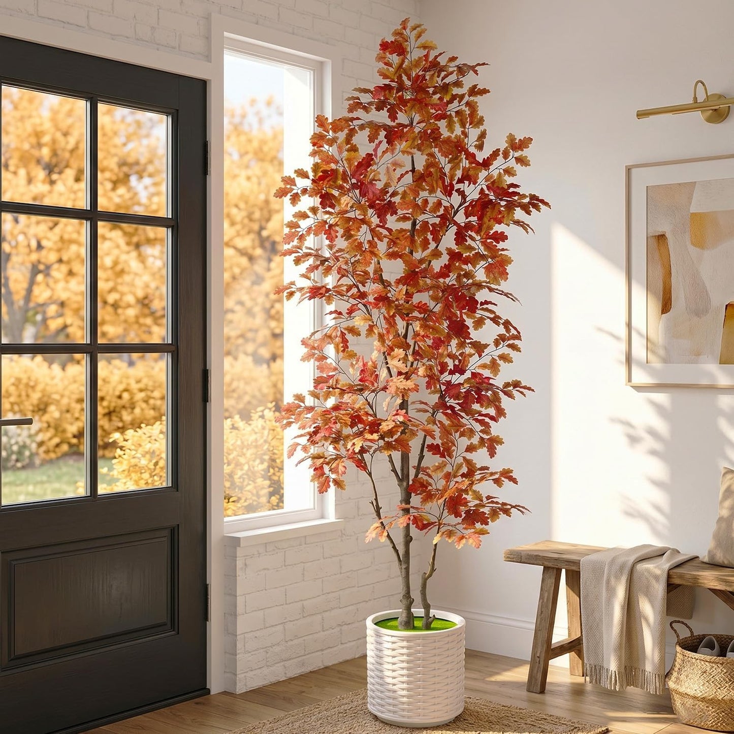 7FT Artificial Red Oak Tree in White Pot, Real Touch Large Fake Fall Autumn Oak Plant for Living Room Corner, Tall Potted Silk Tree for Home Office Daily Floor Decor