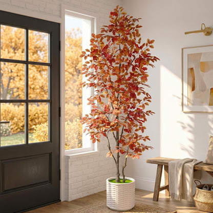 7FT Artificial Red Oak Tree in White Pot, Real Touch Large Fake Fall Autumn Oak Plant for Living Room Corner, Tall Potted Silk Tree for Home Office Daily Floor Decor