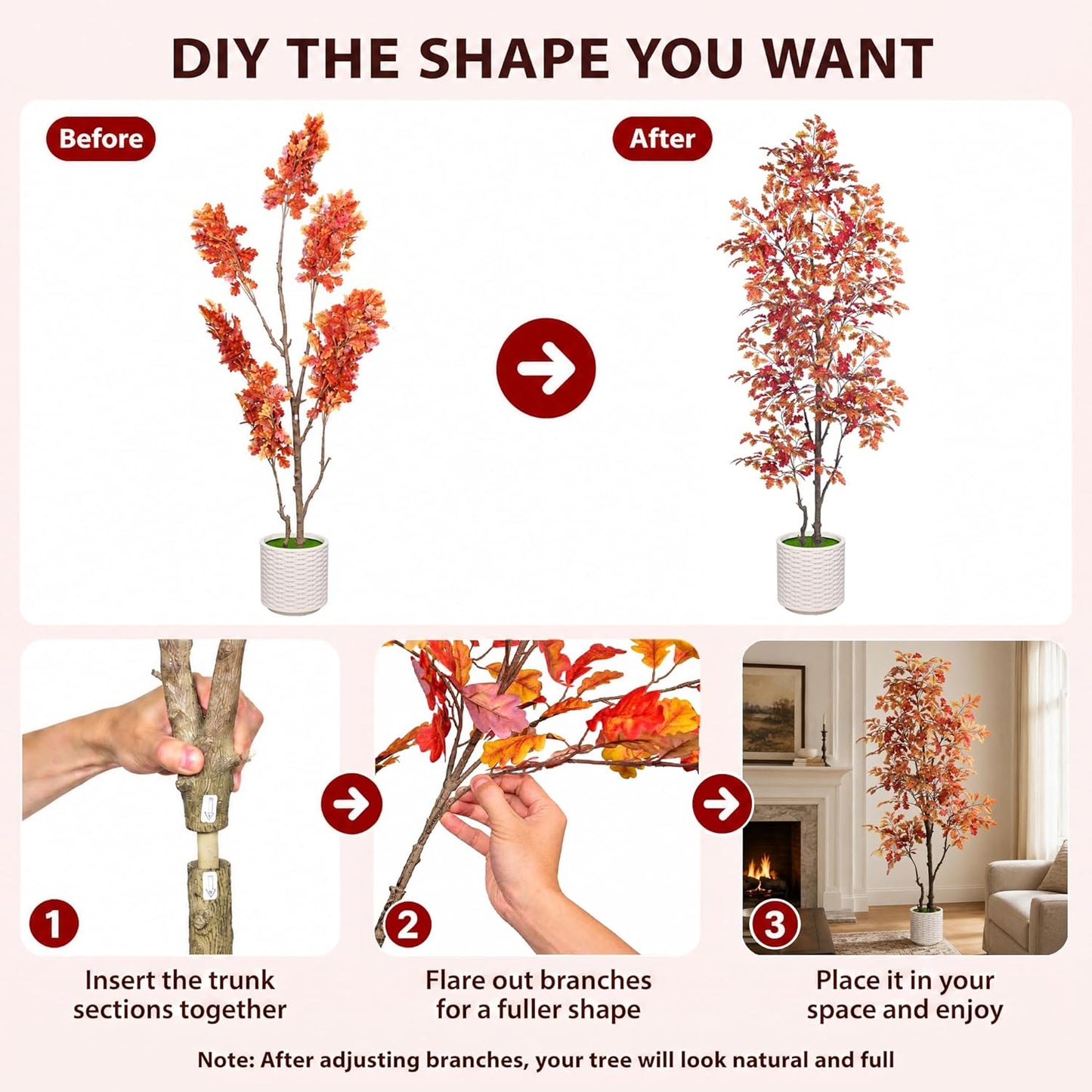 7FT Artificial Red Oak Tree in White Pot, Real Touch Large Fake Fall Autumn Oak Plant for Living Room Corner, Tall Potted Silk Tree for Home Office Daily Floor Decor