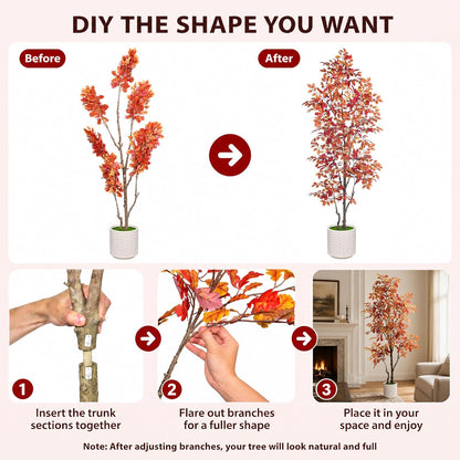 7FT Artificial Red Oak Tree in White Pot, Real Touch Large Fake Fall Autumn Oak Plant for Living Room Corner, Tall Potted Silk Tree for Home Office Daily Floor Decor
