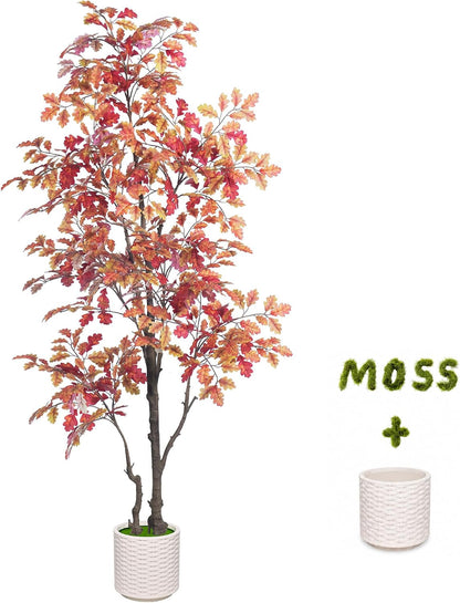 7FT Artificial Red Oak Tree in White Pot, Real Touch Large Fake Fall Autumn Oak Plant for Living Room Corner, Tall Potted Silk Tree for Home Office Daily Floor Decor