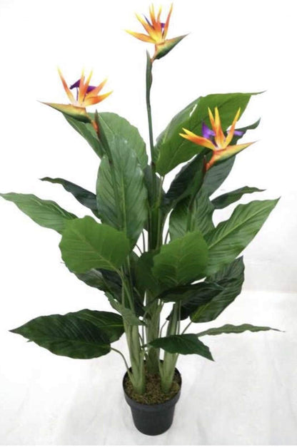 4.5 Feet Tropical Paradise Bird Artificial Tree with 33 Leaves and 3 Flower Sprays, Pre-Potted with Nursery Pot, Real Touch Tech., Green and Orange