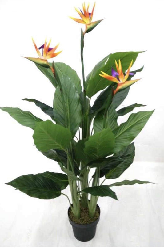 4.5 Feet Tropical Paradise Bird Artificial Tree with 33 Leaves and 3 Flower Sprays, Pre-Potted with Nursery Pot, Real Touch Tech., Green and Orange