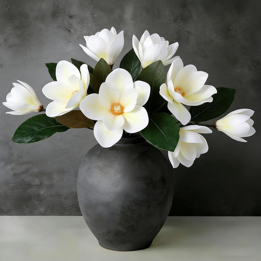 6 Pcs Artificial Magnolia Flowers Stems White Magnolia Long Stem Flower Faux Creamy Grandiflora Buds with Green Leaves for Tall Vase Realistic Table Centerpiece Indoor Decoration