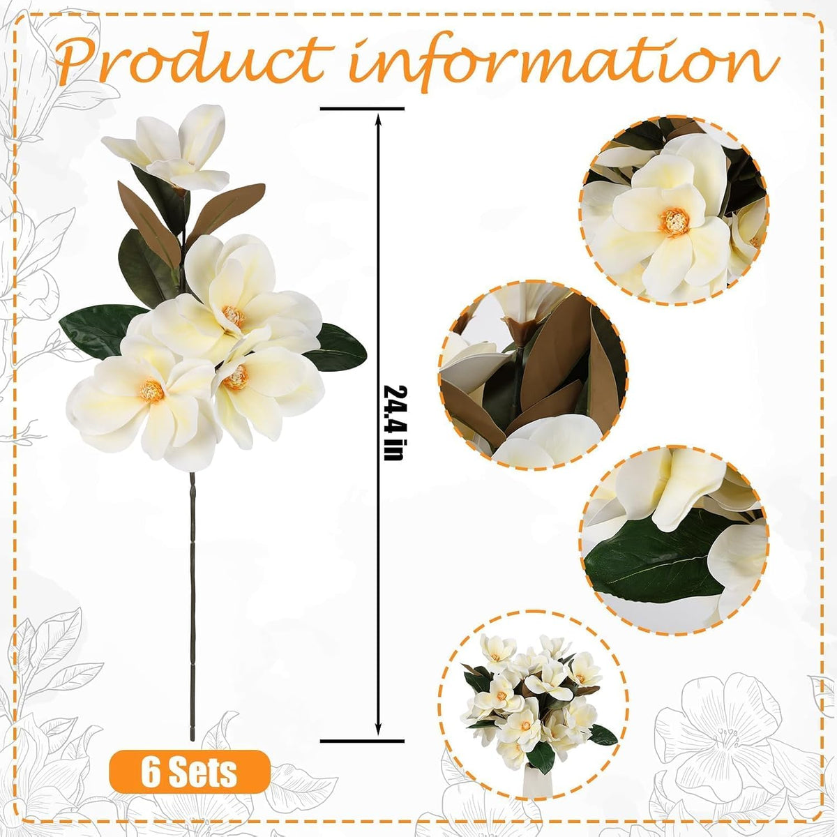 6 Pcs Artificial Magnolia Flowers Stems White Magnolia Long Stem Flower Faux Creamy Grandiflora Buds with Green Leaves for Tall Vase Realistic Table Centerpiece Indoor Decoration