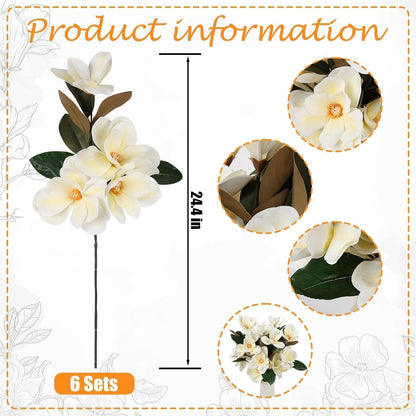 6 Pcs Artificial Magnolia Flowers Stems White Magnolia Long Stem Flower Faux Creamy Grandiflora Buds with Green Leaves for Tall Vase Realistic Table Centerpiece Indoor Decoration