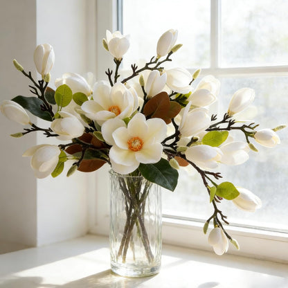 6 Pcs Artificial Magnolia Flowers Stems White Magnolia Long Stem Flower Faux Creamy Grandiflora Buds with Green Leaves for Tall Vase Realistic Table Centerpiece Indoor Decoration