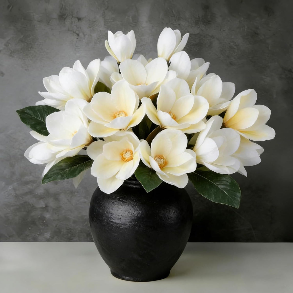 6 Pcs Artificial Magnolia Flowers Stems White Magnolia Long Stem Flower Faux Creamy Grandiflora Buds with Green Leaves for Tall Vase Realistic Table Centerpiece Indoor Decoration