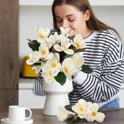 6 Pcs Artificial Magnolia Flowers Stems White Magnolia Long Stem Flower Faux Creamy Grandiflora Buds with Green Leaves for Tall Vase Realistic Table Centerpiece Indoor Decoration
