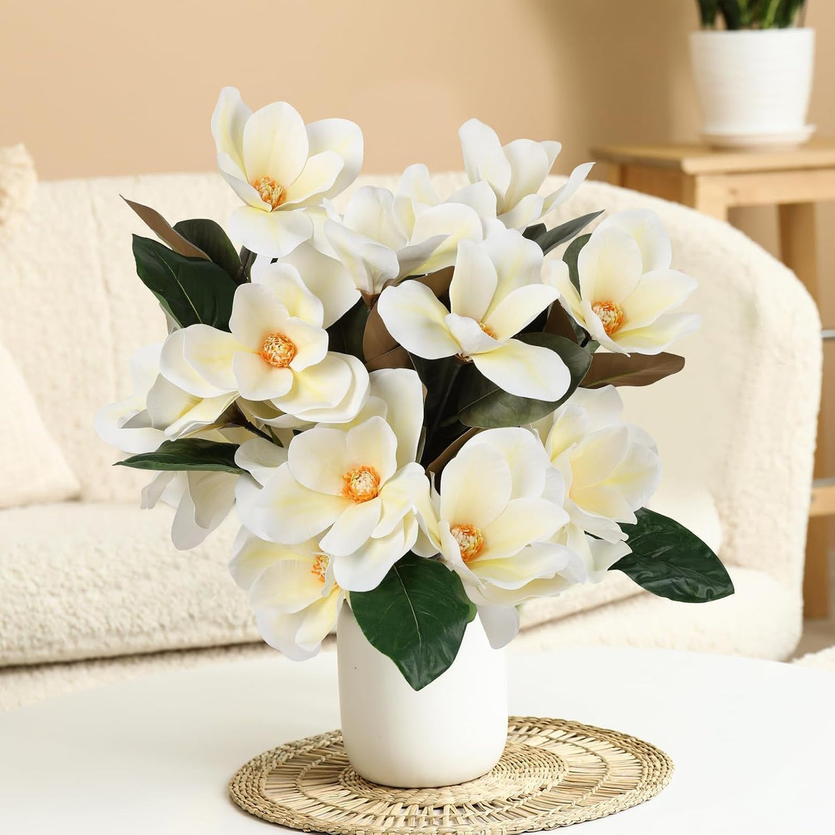 6 Pcs Artificial Magnolia Flowers Stems White Magnolia Long Stem Flower Faux Creamy Grandiflora Buds with Green Leaves for Tall Vase Realistic Table Centerpiece Indoor Decoration