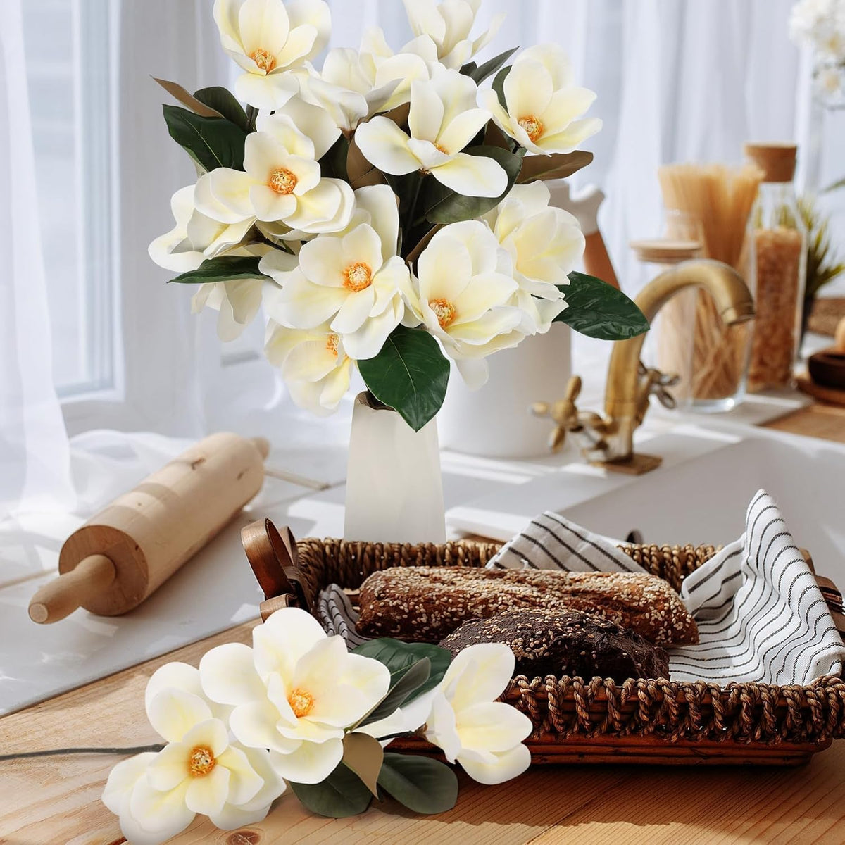 6 Pcs Artificial Magnolia Flowers Stems White Magnolia Long Stem Flower Faux Creamy Grandiflora Buds with Green Leaves for Tall Vase Realistic Table Centerpiece Indoor Decoration