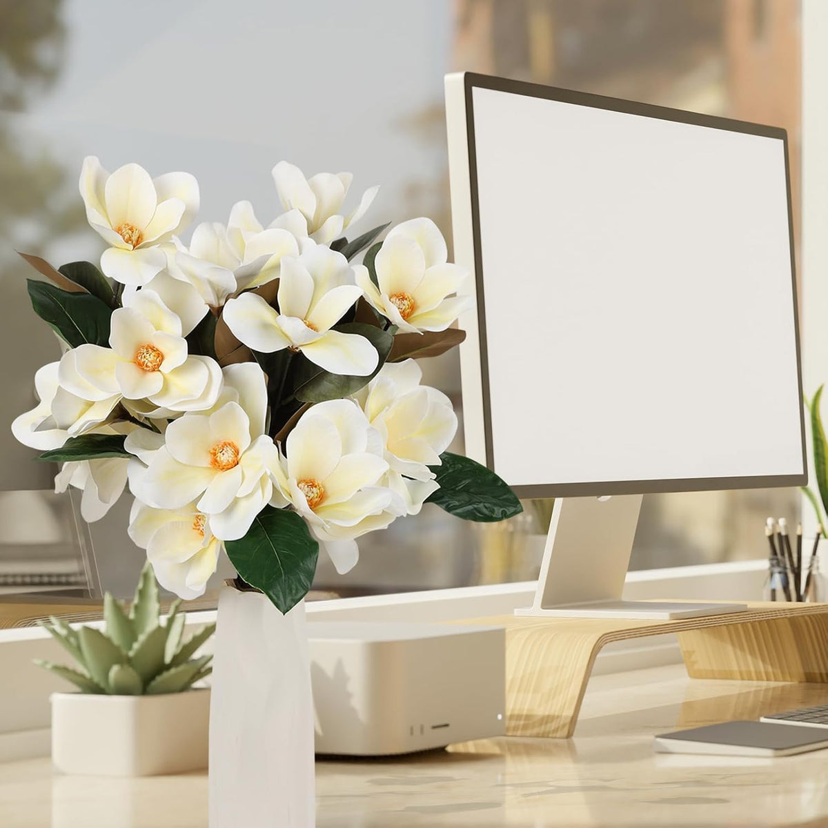 6 Pcs Artificial Magnolia Flowers Stems White Magnolia Long Stem Flower Faux Creamy Grandiflora Buds with Green Leaves for Tall Vase Realistic Table Centerpiece Indoor Decoration
