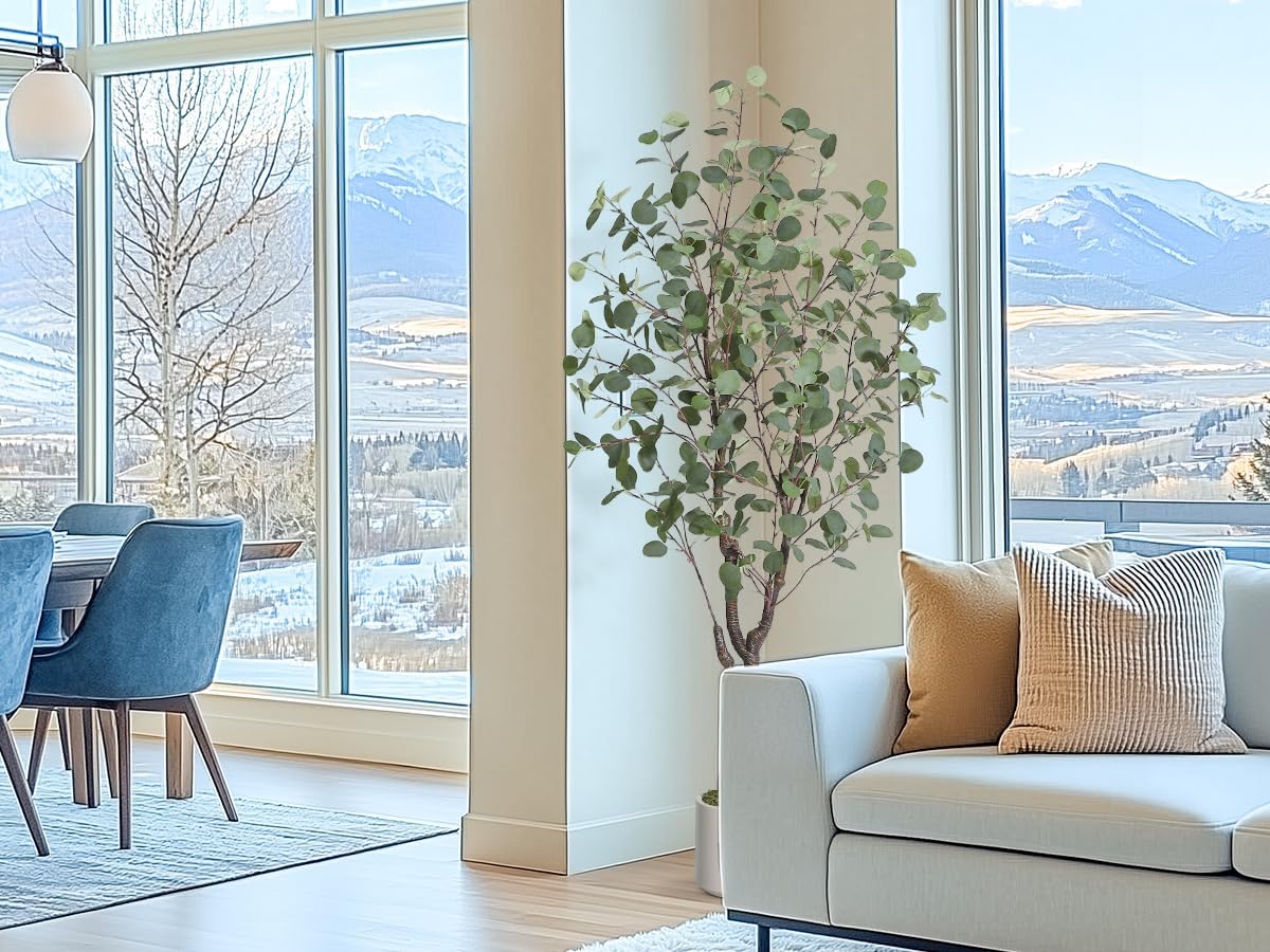 Artificial Eucalyptus Tree with White Planter | 7 ft Tall Fake Artificial Plant ，Large Faux Floor Plant Fake Silk Trees Artificial Trees for Home Decor Indoor