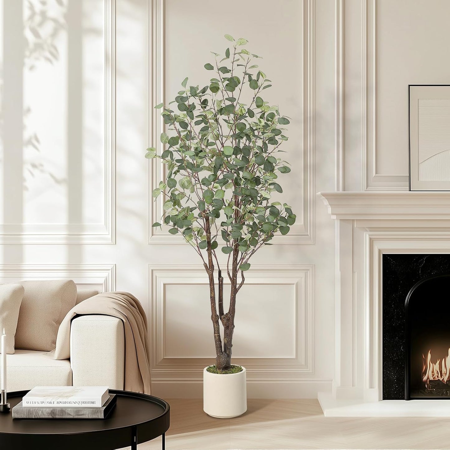 Artificial Eucalyptus Tree with White Planter | 7 ft Tall Fake Artificial Plant ，Large Faux Floor Plant Fake Silk Trees Artificial Trees for Home Decor Indoor