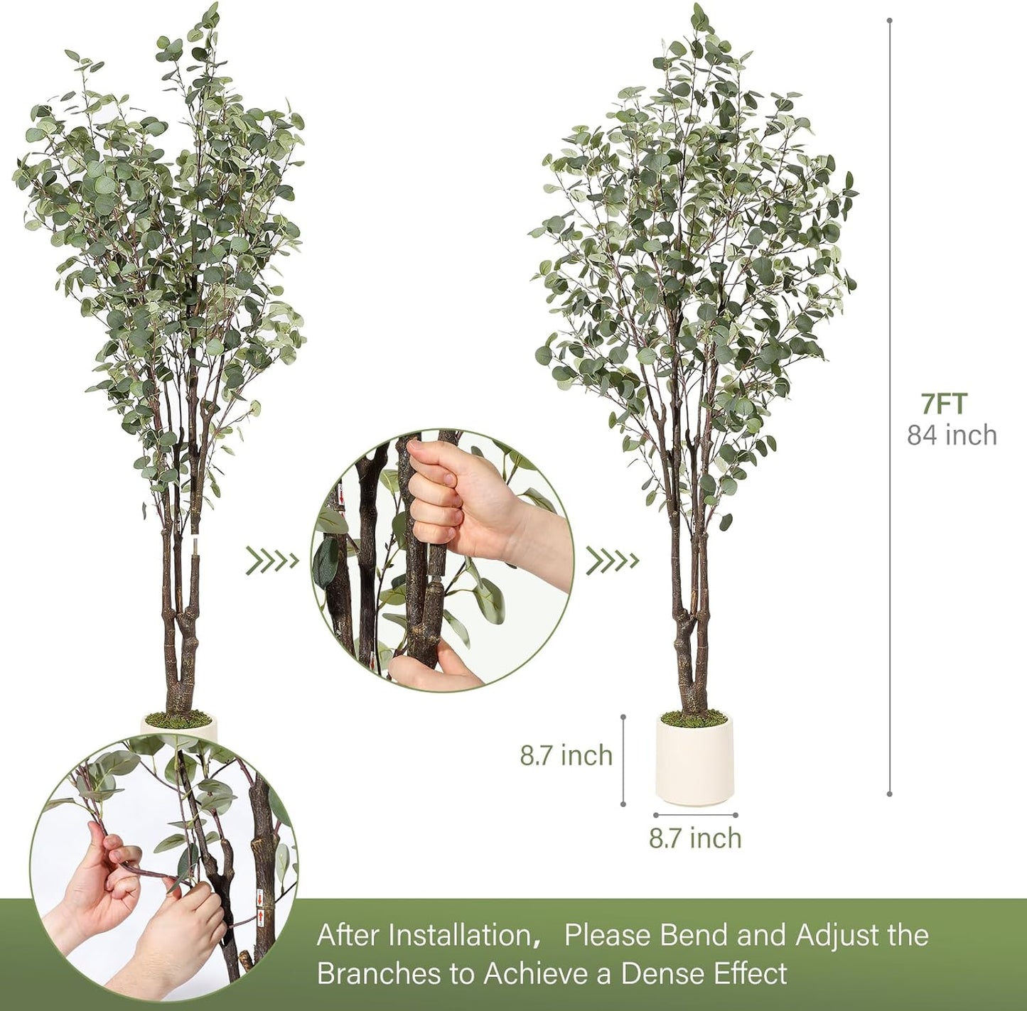 Artificial Eucalyptus Tree with White Planter | 7 ft Tall Fake Artificial Plant ，Large Faux Floor Plant Fake Silk Trees Artificial Trees for Home Decor Indoor