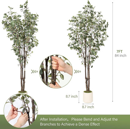 Artificial Eucalyptus Tree with White Planter | 7 ft Tall Fake Artificial Plant ，Large Faux Floor Plant Fake Silk Trees Artificial Trees for Home Decor Indoor
