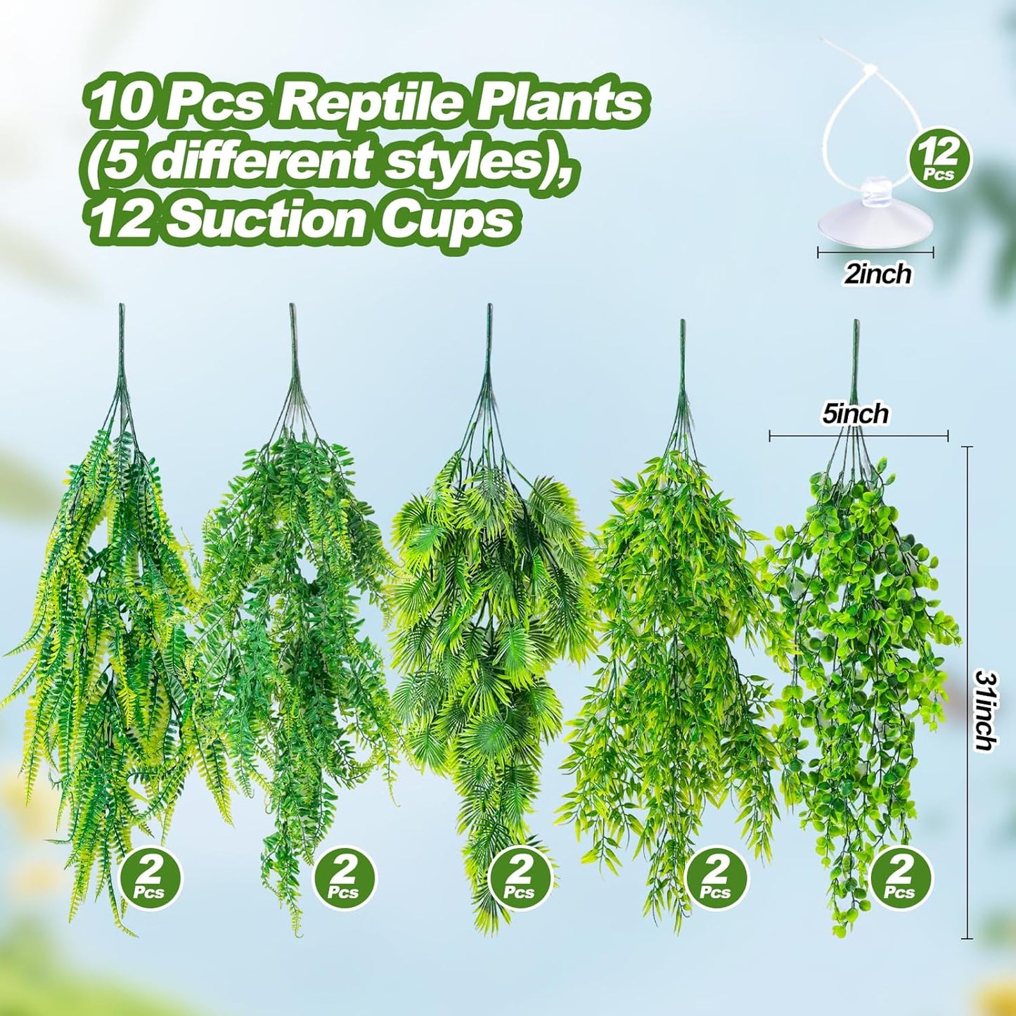 CousDUoBe 10 Pcs Reptile Plants Decorations,Terrarium Hanging Plants Vines Artificial Leaves Habitat Decorations with Suction Cup for Bearded Dragon Hermit Crab Lizard Snake Geckos Chameleon