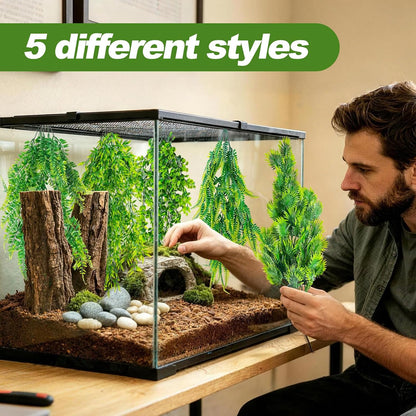 CousDUoBe 10 Pcs Reptile Plants Decorations,Terrarium Hanging Plants Vines Artificial Leaves Habitat Decorations with Suction Cup for Bearded Dragon Hermit Crab Lizard Snake Geckos Chameleon
