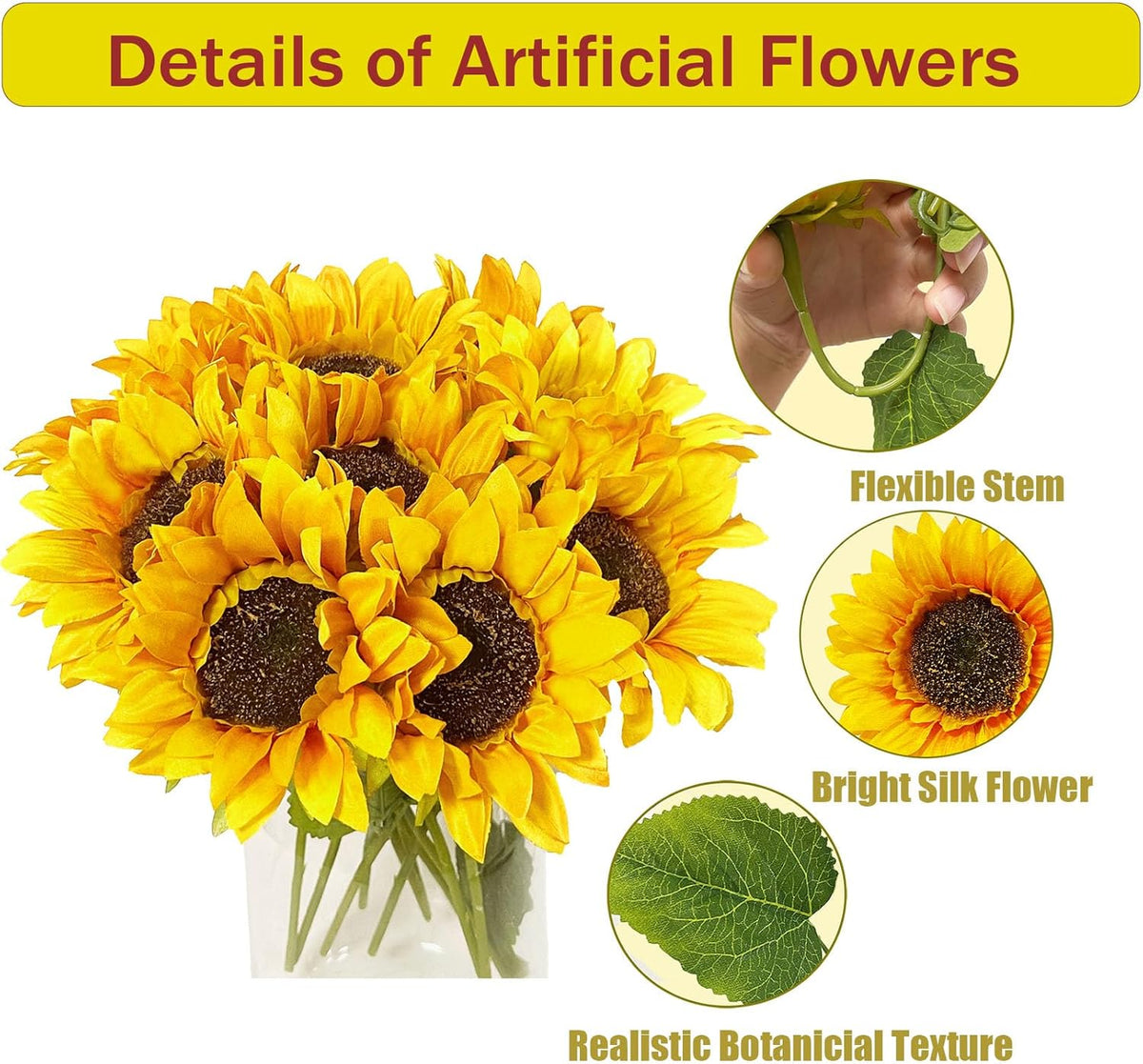 10PCS Sunflowers Artificial Flowers, Silk Sunflower Decor with Stem