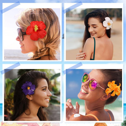 10 Pcs Hawaiian Flower Hair Clips for Women, Plumeria Hibiscus Hair Clips, Artificial Flower Clips 3.5 Inch Hair Accessories for Vacation Party Beach Seaside