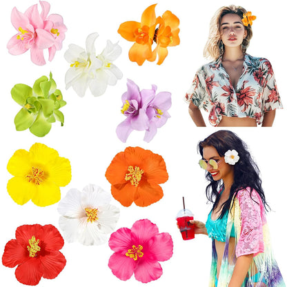 10 Pcs Hawaiian Flower Hair Clips for Women, Plumeria Hibiscus Hair Clips, Artificial Flower Clips 3.5 Inch Hair Accessories for Vacation Party Beach Seaside