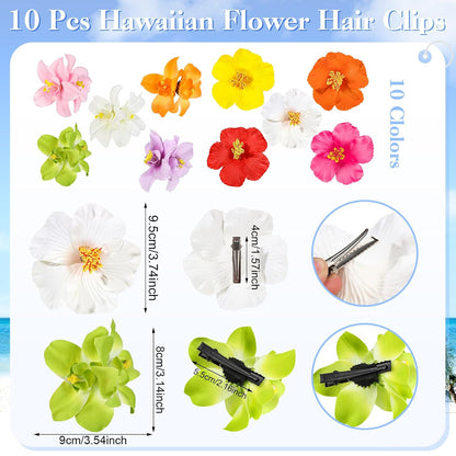 10 Pcs Hawaiian Flower Hair Clips for Women, Plumeria Hibiscus Hair Clips, Artificial Flower Clips 3.5 Inch Hair Accessories for Vacation Party Beach Seaside