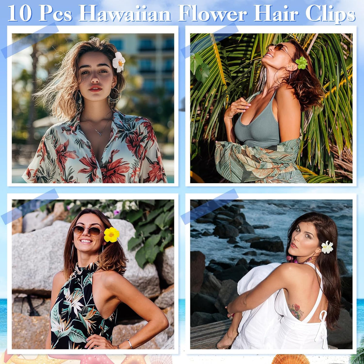 10 Pcs Hawaiian Flower Hair Clips for Women, Plumeria Hibiscus Hair Clips, Artificial Flower Clips 3.5 Inch Hair Accessories for Vacation Party Beach Seaside
