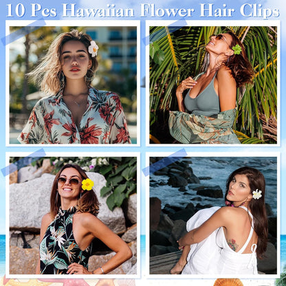 10 Pcs Hawaiian Flower Hair Clips for Women, Plumeria Hibiscus Hair Clips, Artificial Flower Clips 3.5 Inch Hair Accessories for Vacation Party Beach Seaside