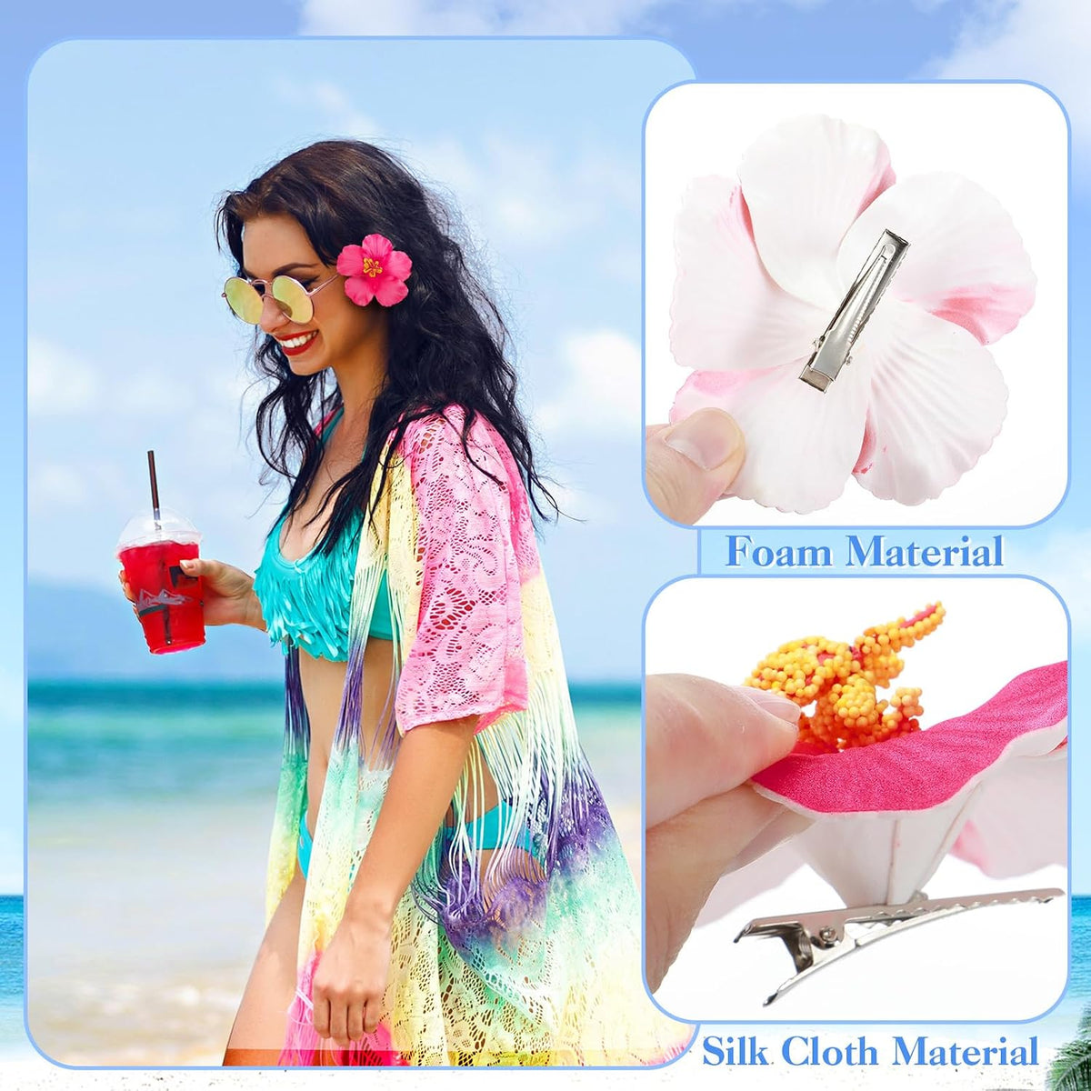10 Pcs Hawaiian Flower Hair Clips for Women, Plumeria Hibiscus Hair Clips, Artificial Flower Clips 3.5 Inch Hair Accessories for Vacation Party Beach Seaside