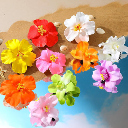 10 Pcs Hawaiian Flower Hair Clips for Women, Plumeria Hibiscus Hair Clips, Artificial Flower Clips 3.5 Inch Hair Accessories for Vacation Party Beach Seaside