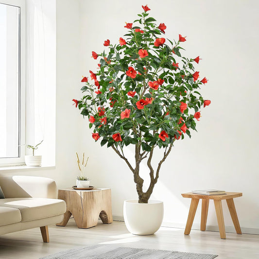 Artificial Hibiscus Tree 7.2ft, Tall Faux Plant Indoor with Realistic Leaves, 62 Red Flowers, Large Trunk, 86" Faux Blooming Tree in White Planter for Home Living Room Office Porch Patio Outdoor Decor