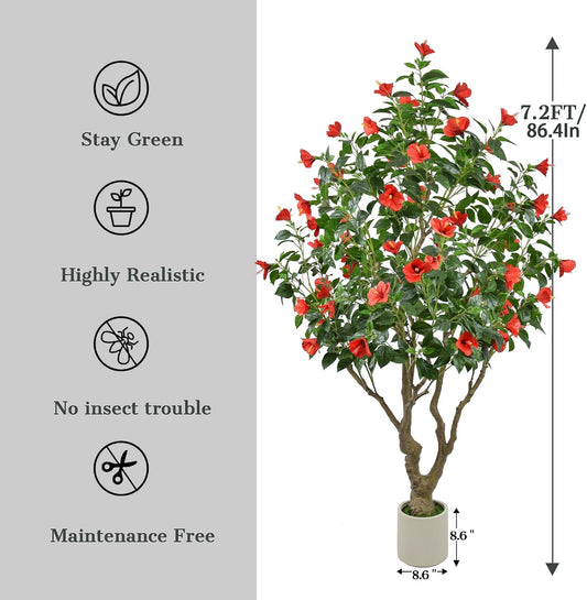 Artificial Hibiscus Tree 7.2ft, Tall Faux Plant Indoor with Realistic Leaves, 62 Red Flowers, Large Trunk, 86" Faux Blooming Tree in White Planter for Home Living Room Office Porch Patio Outdoor Decor