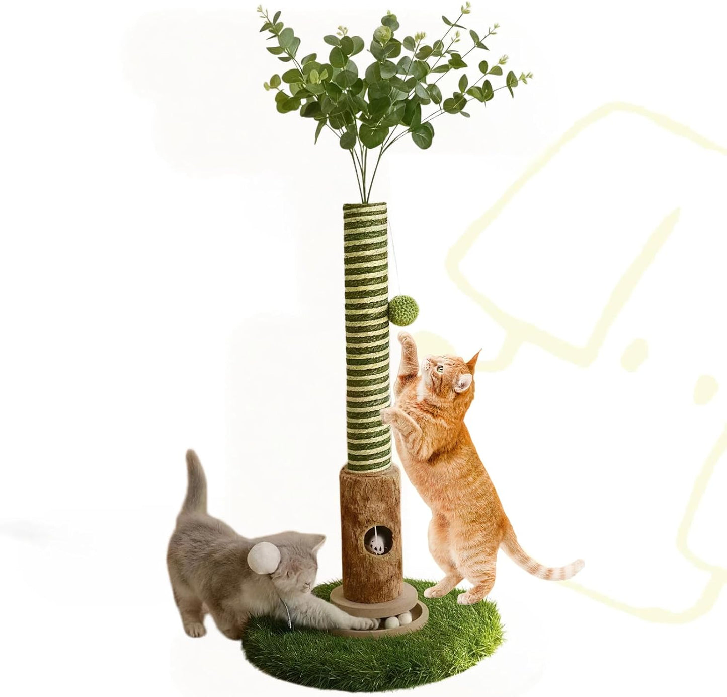 Cat Scratching Post, Two Tone Tall Sisal Scratch Pole For Indoor Cats,Artificial Turf Base Cat Tower With Hanging Toy,Double Ball Track & Simulated Mouse Hole,Strong Post For Kittens/Cats (35 in Post)