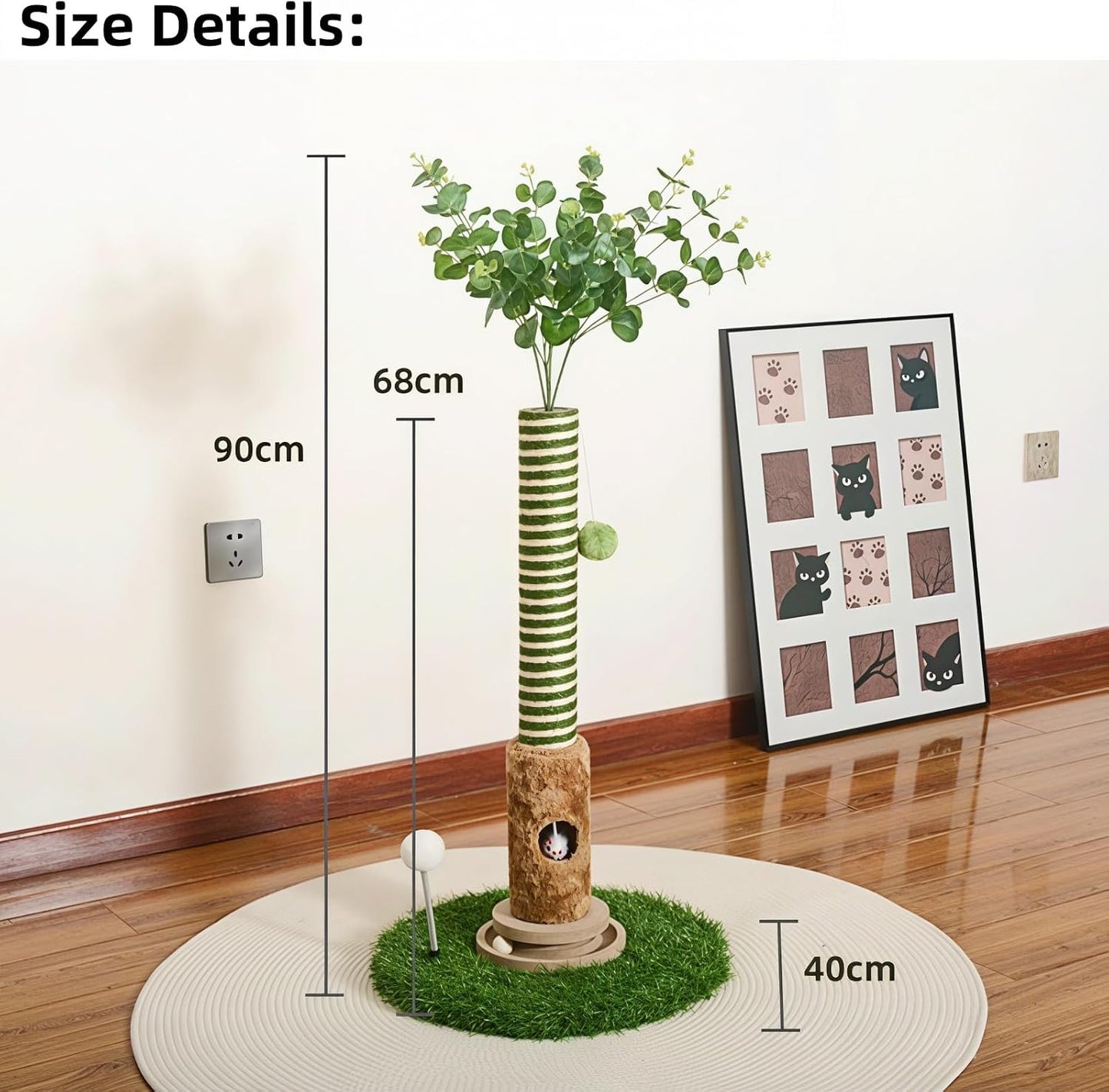 Cat Scratching Post, Two Tone Tall Sisal Scratch Pole For Indoor Cats,Artificial Turf Base Cat Tower With Hanging Toy,Double Ball Track & Simulated Mouse Hole,Strong Post For Kittens/Cats (35 in Post)