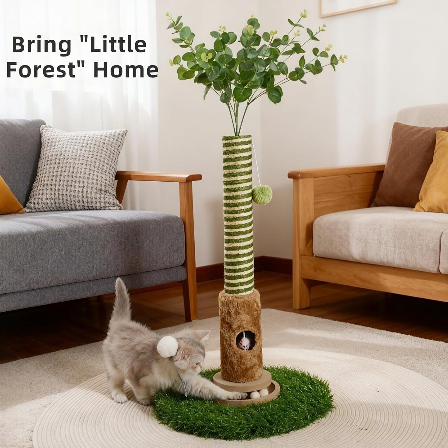 Cat Scratching Post, Two Tone Tall Sisal Scratch Pole For Indoor Cats,Artificial Turf Base Cat Tower With Hanging Toy,Double Ball Track & Simulated Mouse Hole,Strong Post For Kittens/Cats (35 in Post)