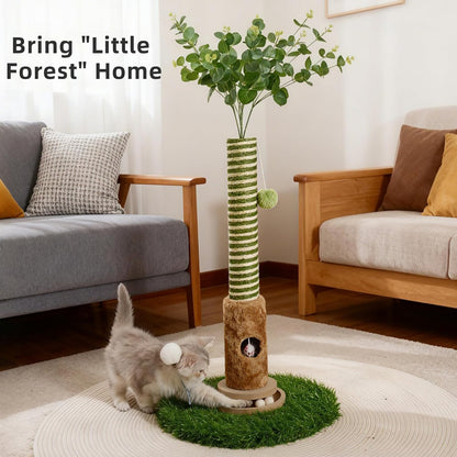 Cat Scratching Post, Two Tone Tall Sisal Scratch Pole For Indoor Cats,Artificial Turf Base Cat Tower With Hanging Toy,Double Ball Track & Simulated Mouse Hole,Strong Post For Kittens/Cats (35 in Post)