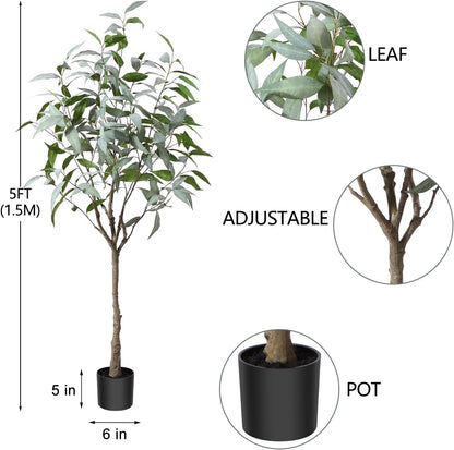 Artificial Eucalyptus Tree 5FT Tall Fake Eucalyptus Plants Large Faux Trees Artificial Silk Plants for Home Decor Indoor Outdoor Office Gift Ornaments, Set of 1
